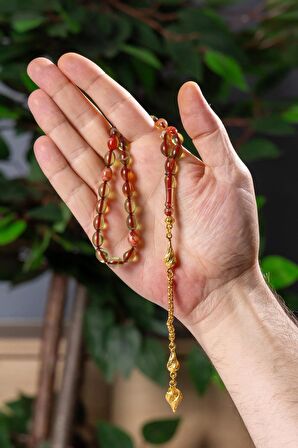 Sarı Püsküllü Güzel Çekimli Hareli Sıkma Kehribar Tesbih