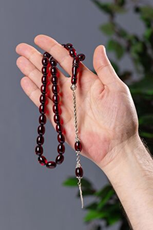 Orta Boy Güzel Çekimli Vişne Renk Toz Kehibar Tesbih
