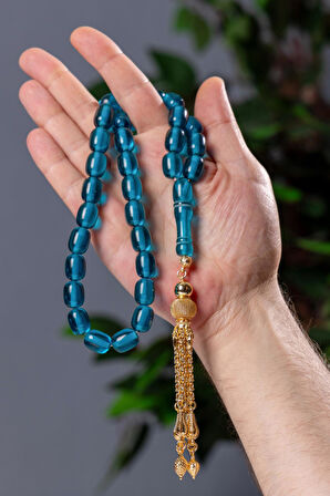 Özel Püsküllü İri Boy Su Mavisi Toz Kehribar Tesbih