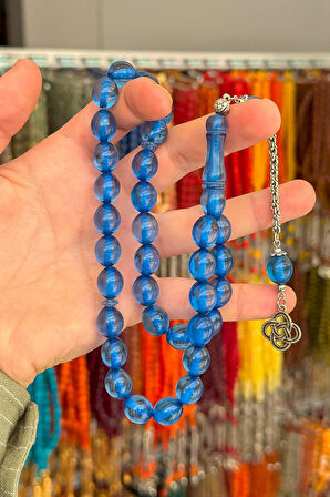 İri Boy Sevenlere Özel Mavi Toz Kehribar Tesbih