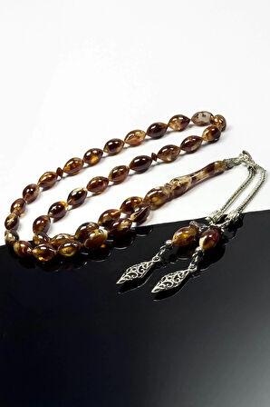 Çift Püsküllü Ebruli Kahverengi Toz Kehribar Tesbih