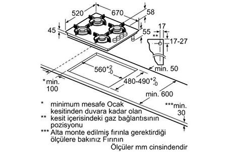 Bosch POP7C6P30O Gazlı Cam Ankastre Ocak
