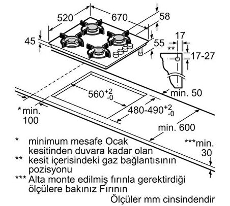 Bosch POH7C9P30O Gazlı Cam Ankastre Ocak