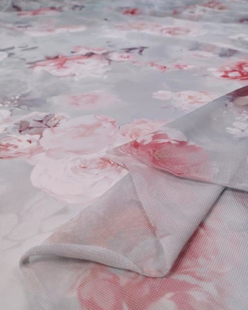 Mint Yeşili Kırmızı Çiçekli File Kumaş İnce Yumuşak En: 145cm