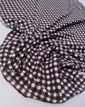 Kahve Beyaz Ekoseli Jarse Kumaş Dökümlü Bürümcüklü Bluzluk & Elbiselik En: 140cm