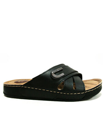 Apella Siyah Tokalı Çapraz Bant Anatomik Comfort Kadın Terlik