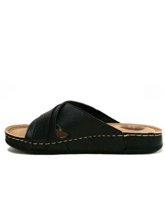 Apella Siyah Tokalı Çapraz Bant Anatomik Comfort Kadın Terlik