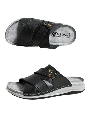 Enova Erkek Suni Deri Ortopedik Çift Monta Taban Tokalı Dikişli Şık Ev Dışarı Terliği