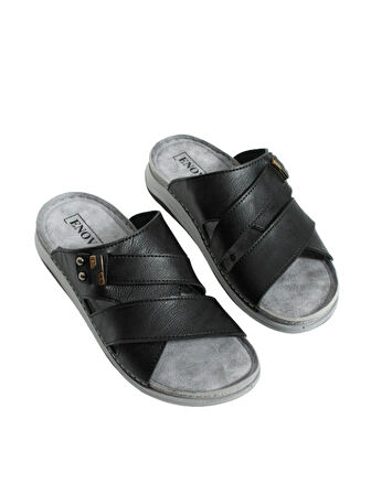 Enova Erkek Suni Deri Ortopedik Çift Monta Taban Tokalı Dikişli Şık Ev Dışarı Terliği