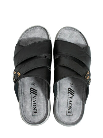 Enova Erkek Suni Deri Ortopedik Çift Monta Taban Tokalı Dikişli Şık Ev Dışarı Terliği