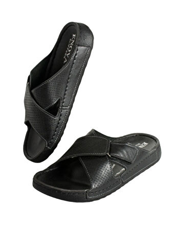 Enova Erkek Suni Deri Ortopedik Rahat Taban Ayarlanabilen Cırtlı Dikişli Şık Ev Dışarı Terliği