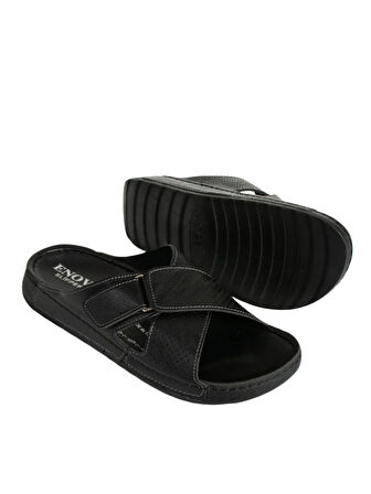 Enova Erkek Suni Deri Ortopedik Rahat Taban Ayarlanabilen Cırtlı Dikişli Şık Ev Dışarı Terliği