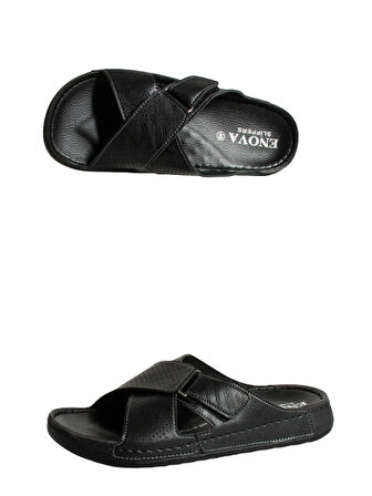 Enova Erkek Suni Deri Ortopedik Rahat Taban Ayarlanabilen Cırtlı Dikişli Şık Ev Dışarı Terliği