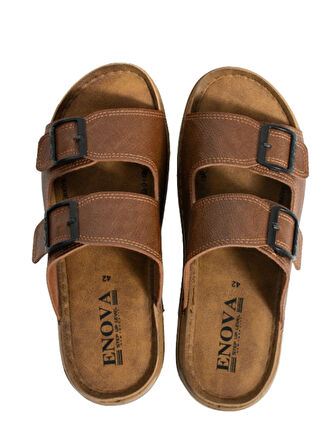 Enova Erkek Suni Deri Ortopedik Çift Monta Taban Ayarlı Tokalı Dikişli Şık Ev Dışarı Terliği 