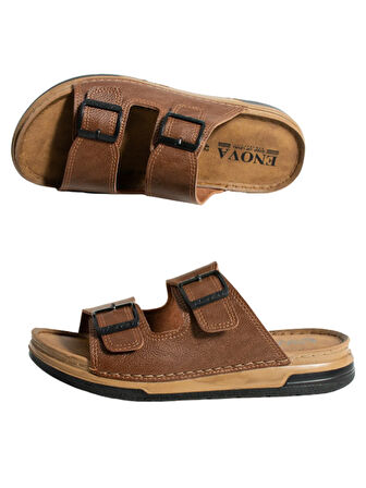 Enova Erkek Suni Deri Ortopedik Çift Monta Taban Ayarlı Tokalı Dikişli Şık Ev Dışarı Terliği 