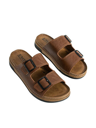 Enova Erkek Suni Deri Ortopedik Çift Monta Taban Ayarlı Tokalı Dikişli Şık Ev Dışarı Terliği 