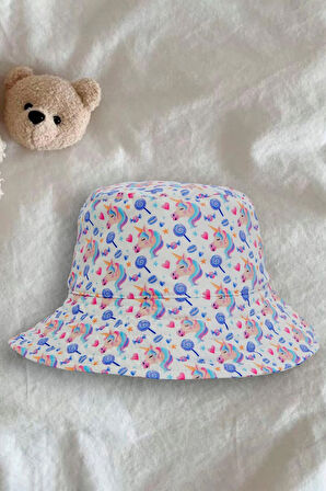 Kız Çocuk Unicorn Desenli Bucket Şapka 7039