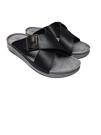 Enova Erkek Baskı Deri Anatomik Çapraz Bant Tokalı Terlik 