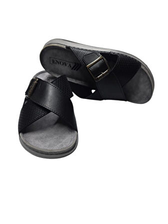 Enova Erkek Baskı Deri Anatomik Çapraz Bant Tokalı Terlik 