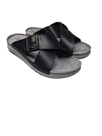 Enova Erkek Baskı Deri Anatomik Çapraz Bant Tokalı Terlik 