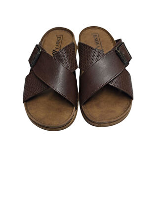 Enova Erkek Baskı Deri Anatomik Çapraz Bant Tokalı Terlik 