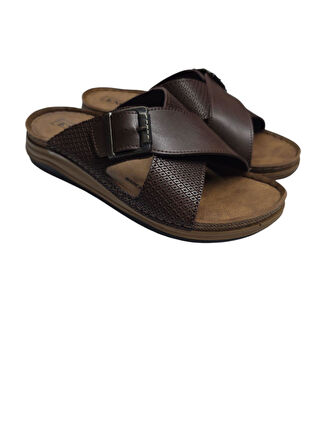 Enova Erkek Baskı Deri Anatomik Çapraz Bant Tokalı Terlik 