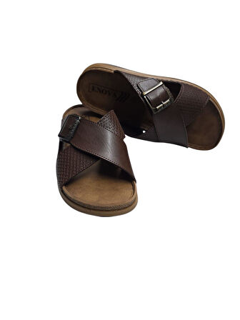 Enova Erkek Baskı Deri Anatomik Çapraz Bant Tokalı Terlik 