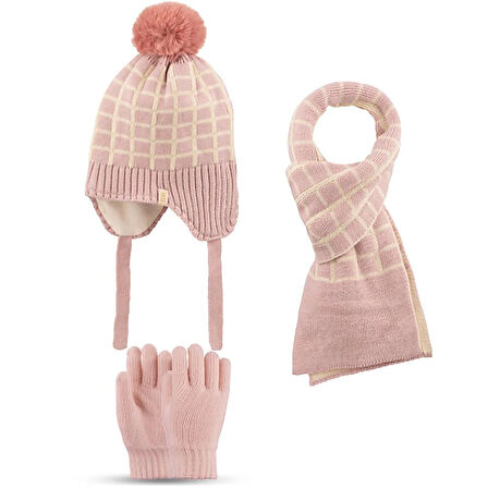 Kitti 4-8 Yaş Kız Çocuk Atkı Bere Eldiven 3'lü Takım