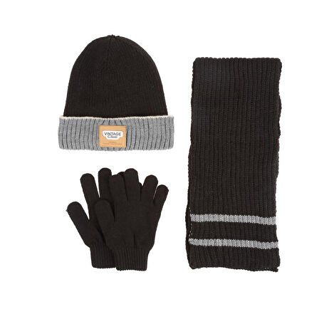 Kitti 9-15 Yaş Erkek Çocuk Atkı Bere Eldiven 3'lü Takım