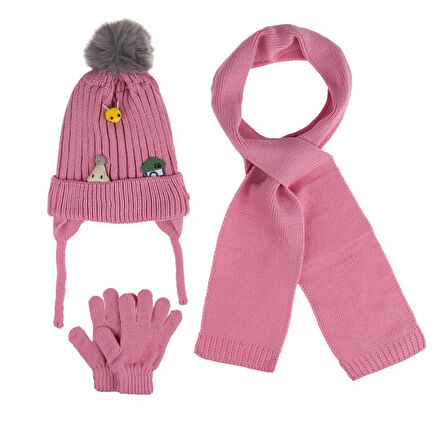 Kitti 1-4 Yaş Kız Bebek & Çocuk Atkı Bere Eldiven 3'lü Takım                 
