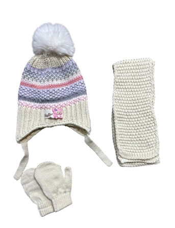 Kitti 0-18 Ay Kız Bebek Atkı Bere Eldiven 3'lü Takım