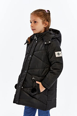 Kapüşonlu Kışlık Ponpon Detaylı Kız Çocuk Kaban 51354