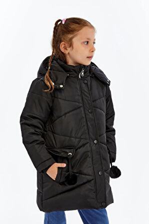 Kapüşonlu Kışlık Ponpon Detaylı Kız Çocuk Kaban 51354