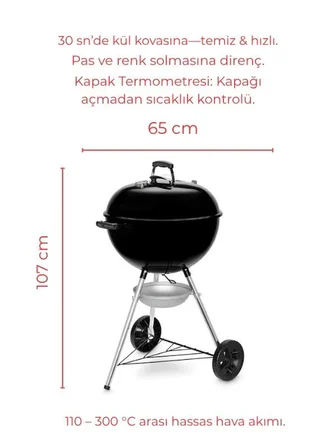 Weber Original Kettle E-5710 – Parlak Siyah Emaye Çift Emayeli Kazan | One-Touch™ Temizlik | 57 cm Klasik Çap