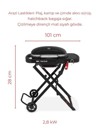 Weber Traveler Compact – Stealth Siyah 49 × 26 cm Döküm Izgara | 2,8 kW Brülör | Tek Pedalla Katlanır