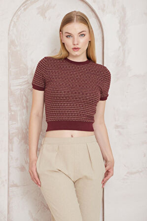 Amida Bordo Jakar Örgü Kadın Crop T-shirt - 2402