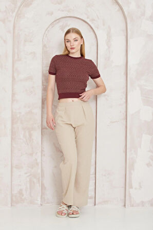 Amida Bordo Jakar Örgü Kadın Crop T-shirt - 2402