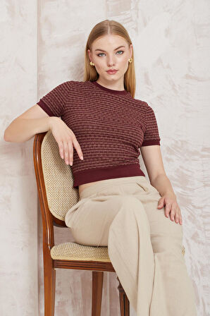 Amida Bordo Jakar Örgü Kadın Crop T-shirt - 2402