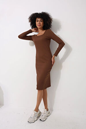 Kahverengi Kadın Midi Boy Uzun Kollu Kare Yaka Fitilli Görünümlü Elbise - 2457