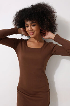 Kahverengi Kadın Midi Boy Uzun Kollu Kare Yaka Fitilli Görünümlü Elbise - 2457