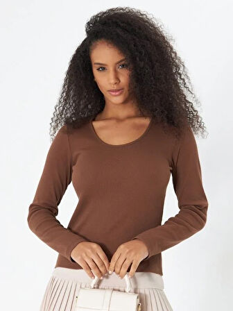 Kahverengi Derin Yuvarlak Yaka Uzun Kollu Fitilli Kadın Bluz- 2458