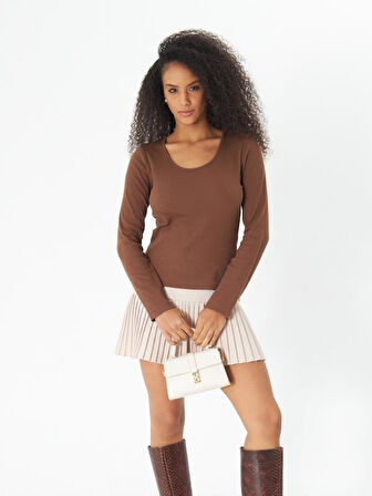 Kahverengi Derin Yuvarlak Yaka Uzun Kollu Fitilli Kadın Bluz- 2458