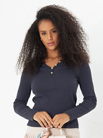 Füme V Yaka Patlı Düğme Detaylı Uzun Kollu Fitilli Kaşkorse Kadın Bluz- 2459