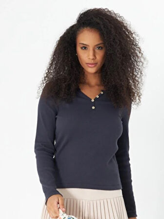 Füme V Yaka Patlı Düğme Detaylı Uzun Kollu Fitilli Kaşkorse Kadın Bluz- 2459