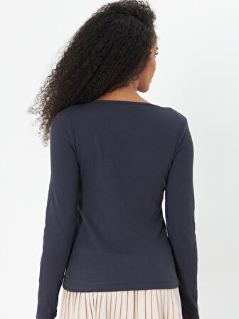 Füme V Yaka Patlı Düğme Detaylı Uzun Kollu Fitilli Kaşkorse Kadın Bluz- 2459