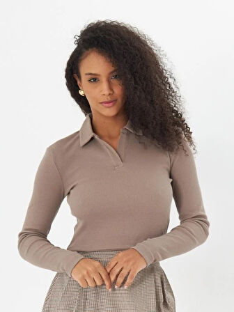 Bej Polo Yaka Fitilli Uzun Kollu Kaşkorse Kadın Bluz- 2460