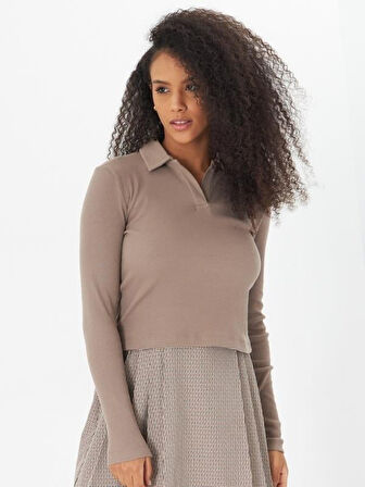 Bej Polo Yaka Fitilli Uzun Kollu Kaşkorse Kadın Bluz- 2460