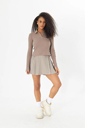 Bej Polo Yaka Fitilli Uzun Kollu Kaşkorse Kadın Bluz- 2460