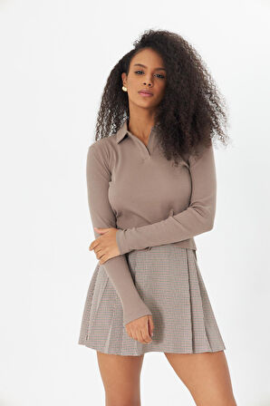 Bej Polo Yaka Fitilli Uzun Kollu Kaşkorse Kadın Bluz- 2460