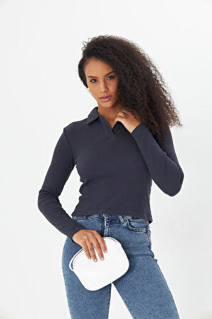 Füme Polo Yaka Fitilli Uzun Kollu Kaşkorse Kadın Bluz- 2460